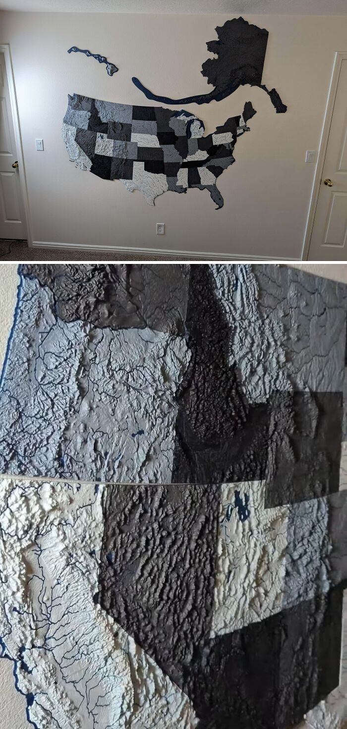 A detailed 3D-printed topographic map of the United States on a wall, an impressive 3D printer project.