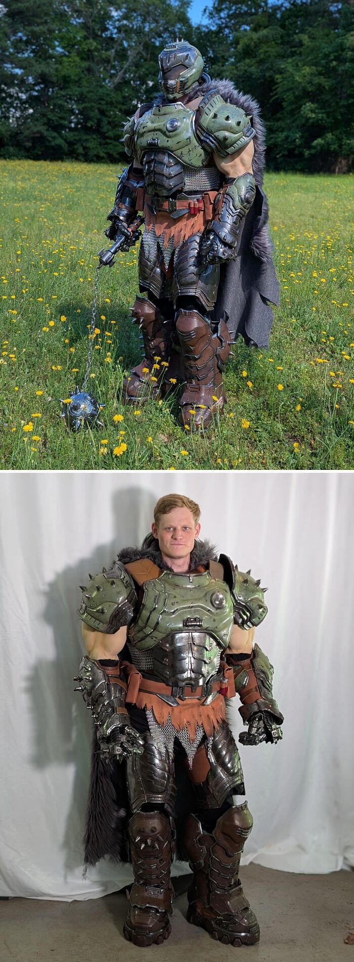 A person in an elaborate Doom Slayer costume, a cool 3D printer project, standing in a field.