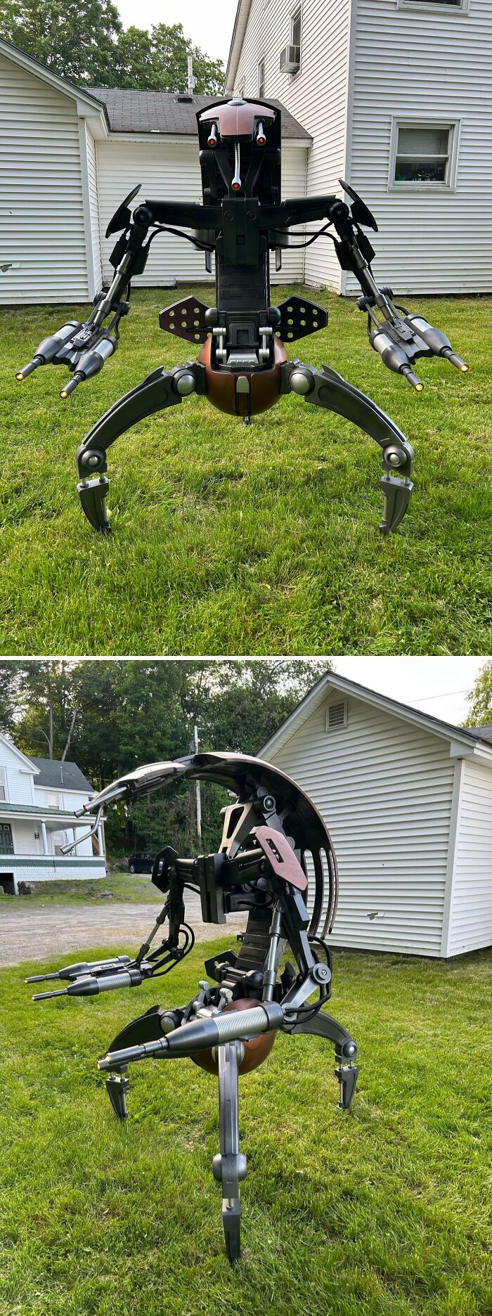 A detailed 3D printed robot resembling a Star Wars droid, standing in a backyard, highlighting a cool 3D printer project.