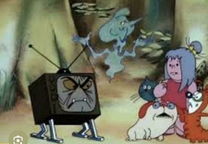 An animated scene from a cartoon, featuring a walking television and characters, typical of life in the 80s.