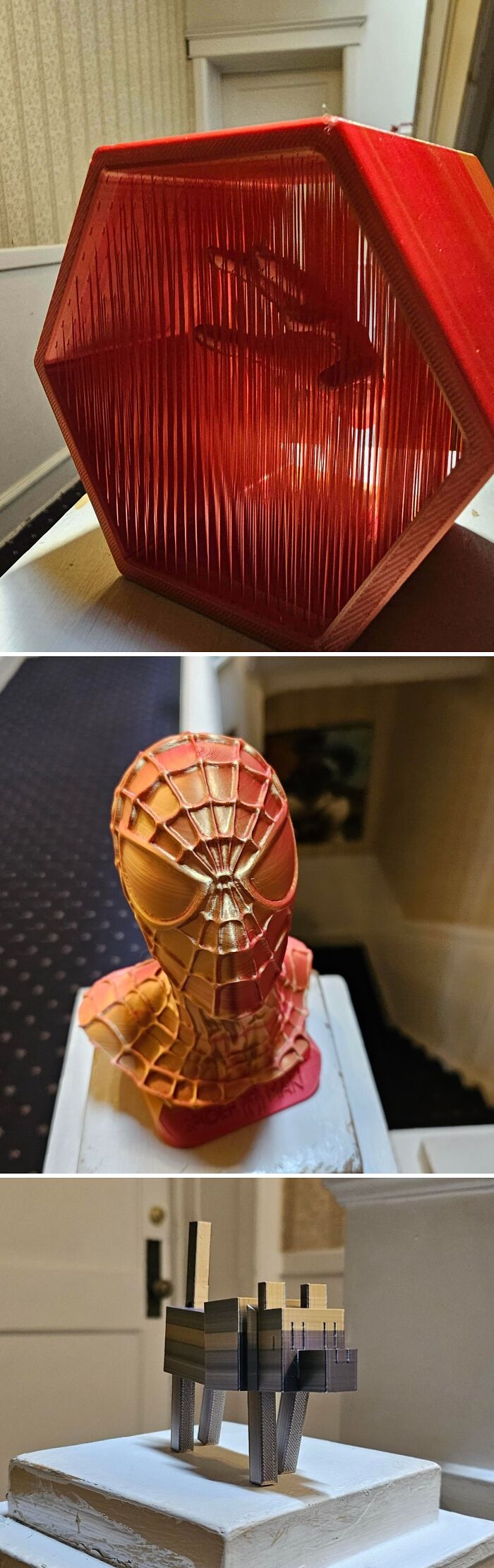 Three distinct 3D printer projects: a decorative lamp, a Spider-Man bust, and a miniature building.