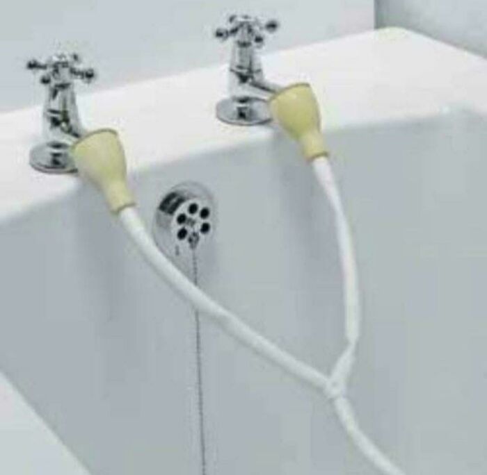 A retro bath shower attachment, reminiscent of the '80s, evokes good memories.