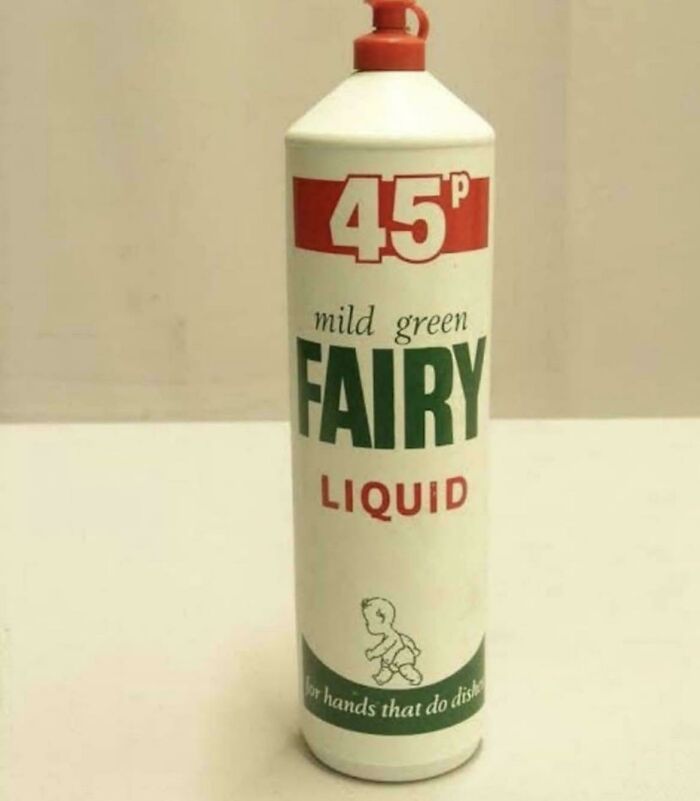 An old bottle of mild green Fairy Liquid dish soap, a nostalgic item from good memories of life in the 80s.