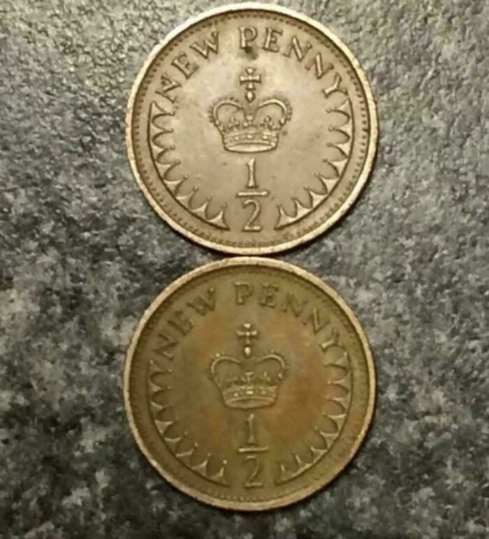 Two half new penny coins from the 80s, representing good memories of life and currency.