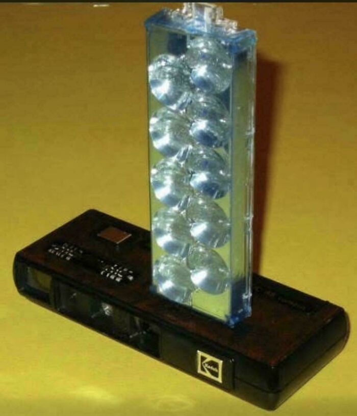 A vintage Kodak camera with a mounted flash bar, an iconic item from the 80s, bringing back good memories.