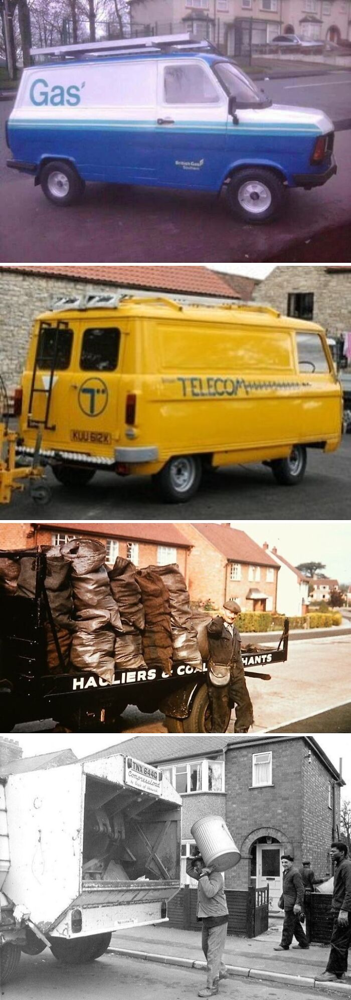 Vans and people working in the 80s, including a Gas van, Telecom van, coal merchants, and trash collection.