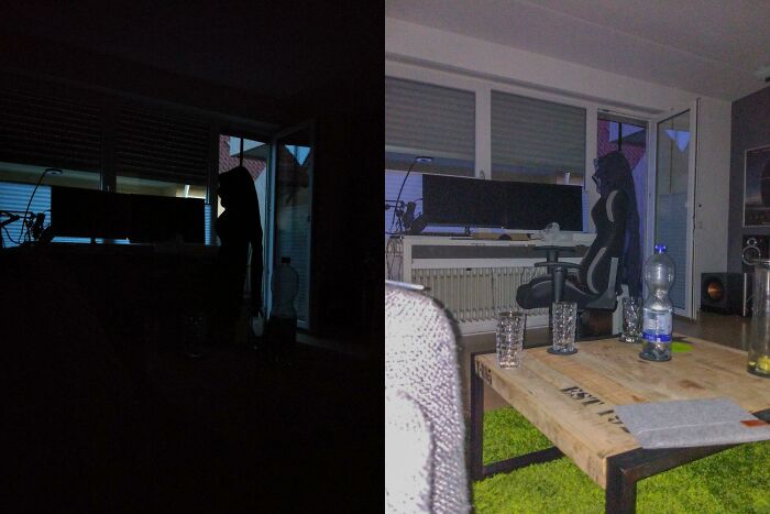 A split image showing a room in darkness and then brightly lit, highlighting the need to look twice to understand the change.