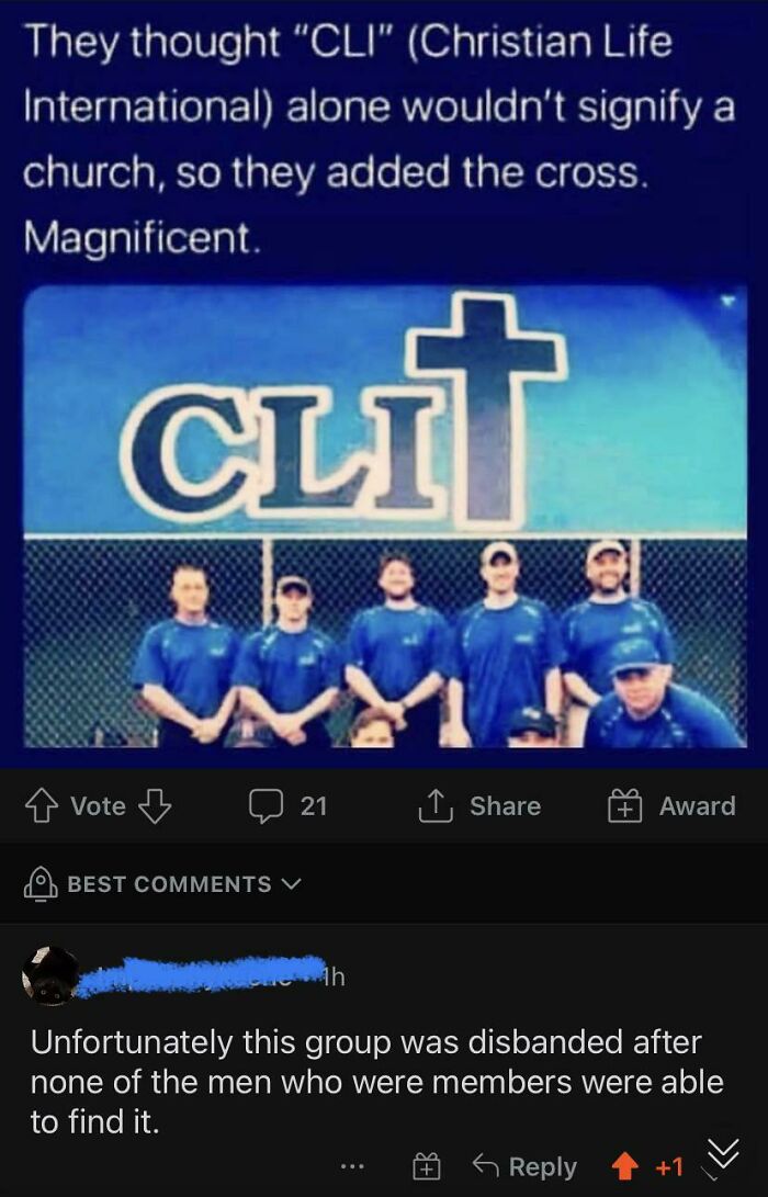 A funny example of a comment section joke about the Christian Life International (CLI) logo and a cross.
