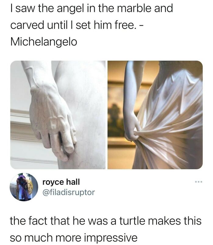 A funny example of a Michelangelo quote with a comment section joke about the ninja turtle.