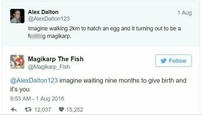 A funny example from the comments section about hatching a Magikarp. This is a funny example.