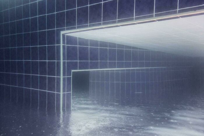 An optical illusion of a tiled room, appearing to be underwater or a mirrored space, makes you look twice to understand.