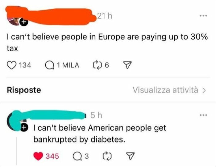 A screenshot with a comment from a confused American person about European taxes and another about American bankruptcy.