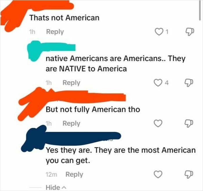 A screenshot of a comment section highlighting confusion about who is considered American.