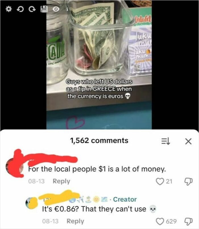 A video screenshot about leaving US dollars as a tip in Greece and comments demonstrating American confusion.