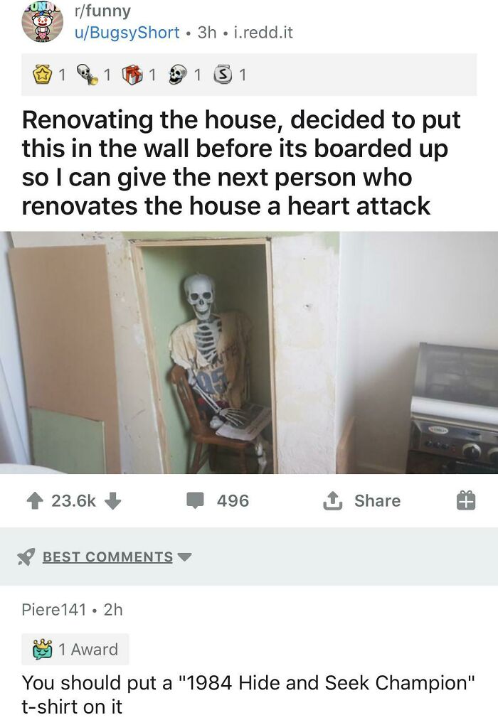 A funny example from the comments section showing a skeleton in a wall. This is a funny example.