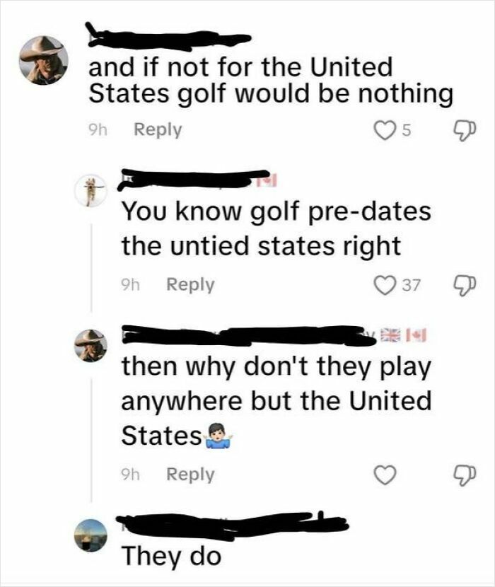 A screenshot of a Twitter conversation about how Americans are very confused about the origin of golf.