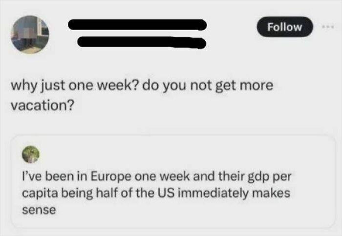Screenshot of an American confused about European vacation time, linking it to GDP per capita.