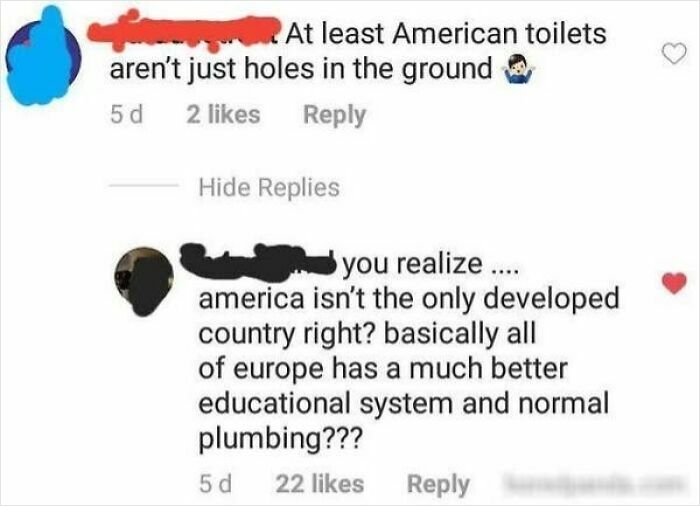 Screenshot of confused Americans discussing toilets and development, demonstrating people from the US are very confused.