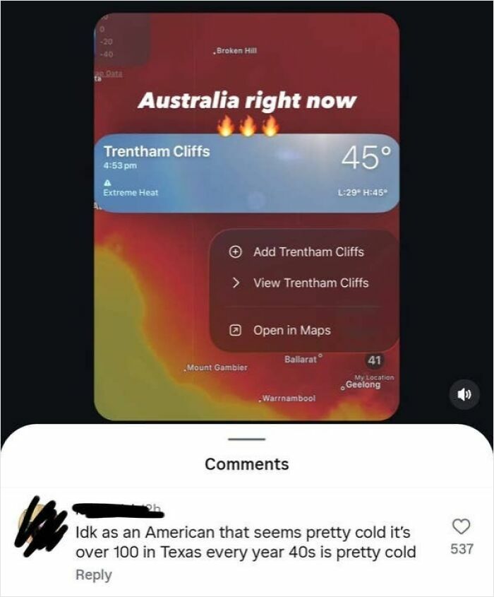 A screenshot showing an American confused by 45 degrees Celsius in Australia, thinking it's cold compared to Texas heat, proving people from the US are confused.