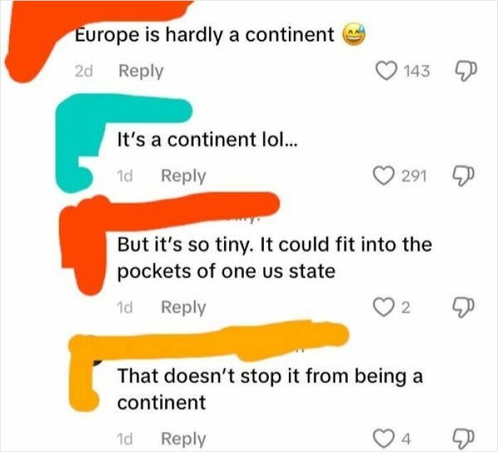 A screenshot of a conversation where an American user expresses confusion about Europe's continent status and size.