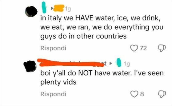 Screenshot of confused Americans debating whether Italy has water, highlighting how people from the US are very confused.