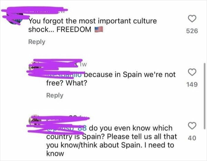 A screenshot of comments about freedom and Spain, highlighting how Americans are confused about other countries.