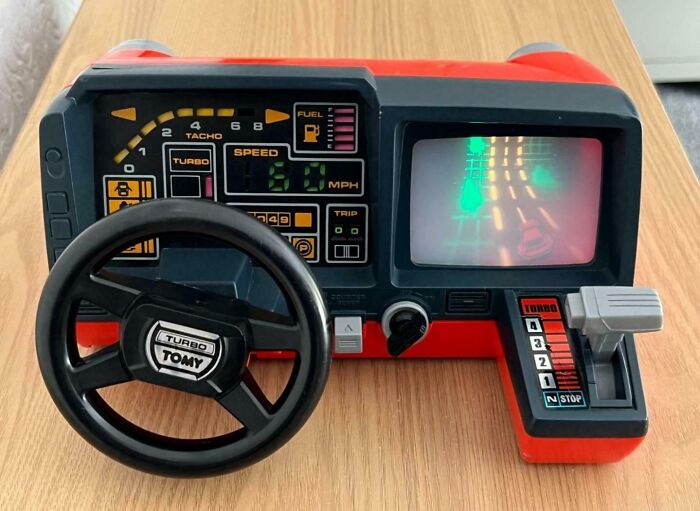 A Turbo Tomy driving arcade game, a nostalgic toy bringing back good memories of life in the 80s.