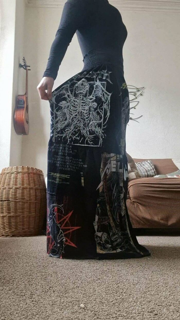 Creative skirt crafted from old band t-shirts, showcasing unique designs.