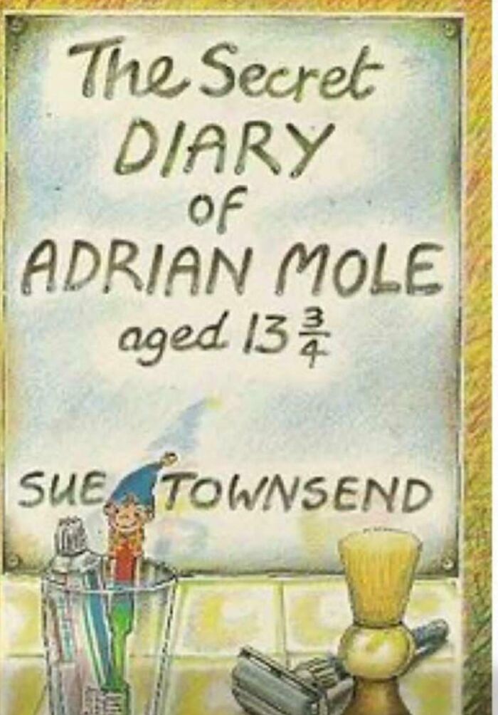 The Secret Diary of Adrian Mole aged 13¾ book cover with toiletries, a nostalgic image from life in the 80s.
