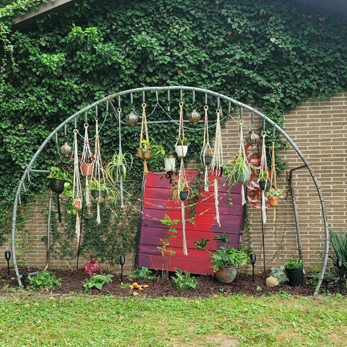 An archway covered in hanging plants against a brick wall. Creativity turned old junk into something worth keeping.