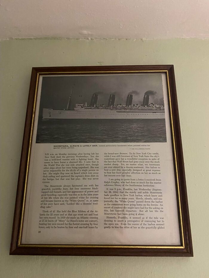 An old junk framed newspaper clipping about a ship, highlighting creativity.
