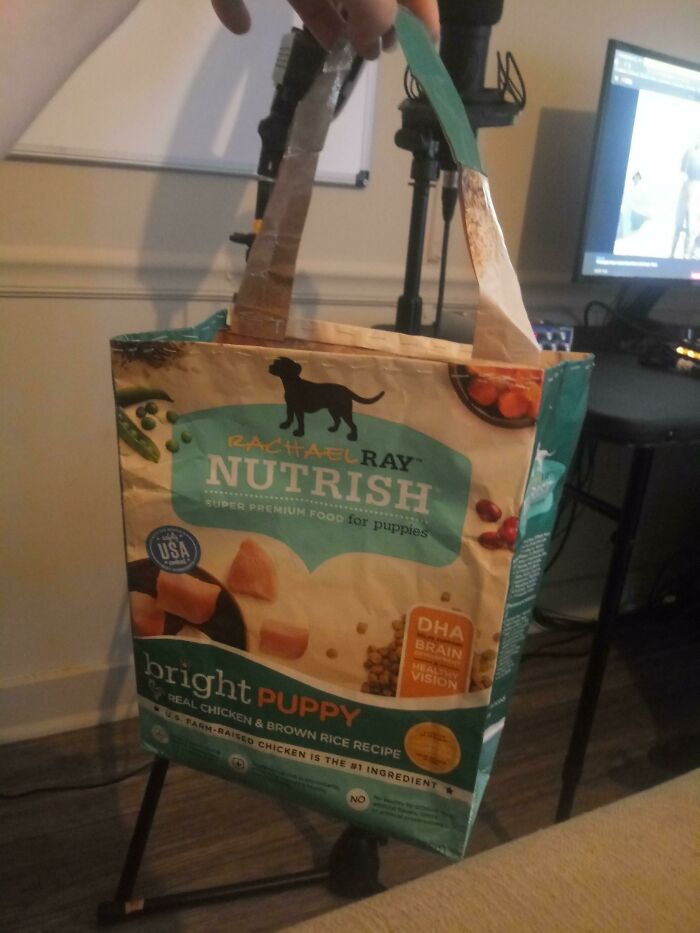 A hand holds a shopping bag made from a Rachael Ray Nutrish bright puppy food bag, showing creativity turning old junk.