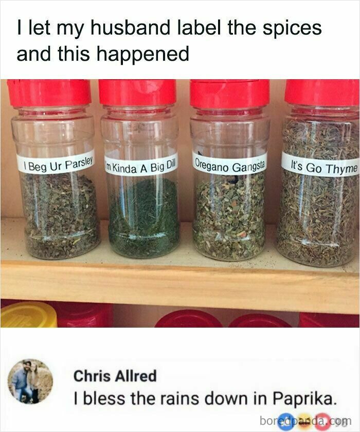 Spice jars with punny labels like I Beg Ur Parsley and It's Go Thyme, showcasing dumb puns.