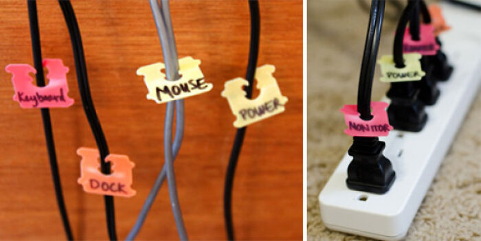 Clever creativity using bread tags for cable organization, turning old junk into something worth keeping.