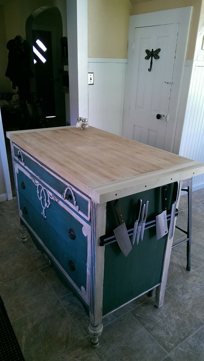 Old junk transformed into a kitchen island, showcasing creativity and keeping it useful.