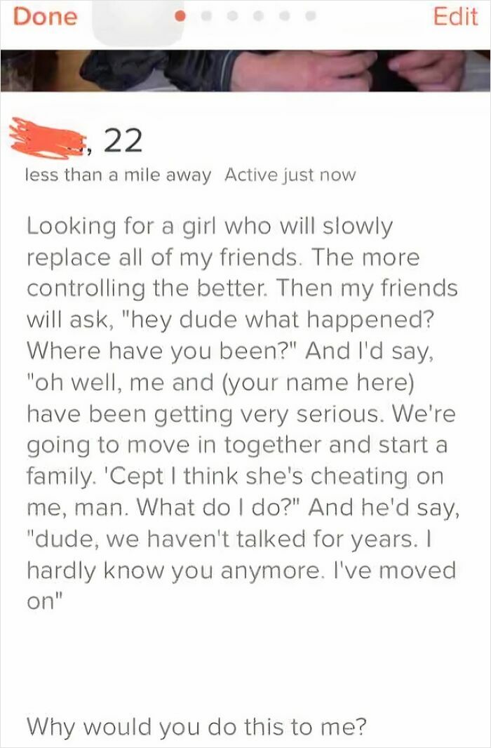 A cringe Tinder profile with a man's bio asking for a girl to replace his friends, proving writing about yourself is hard.