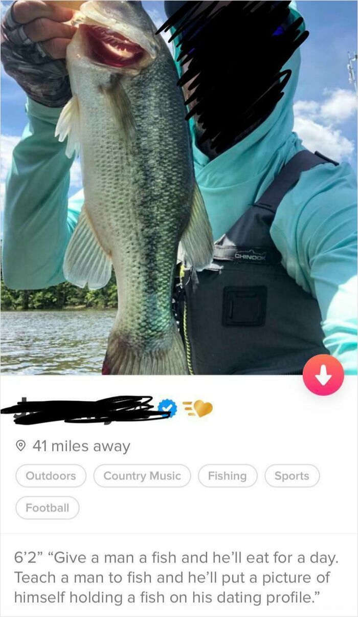Cringe Tinder profile showing a man holding a large fish with a humorous quote about fishing and dating.