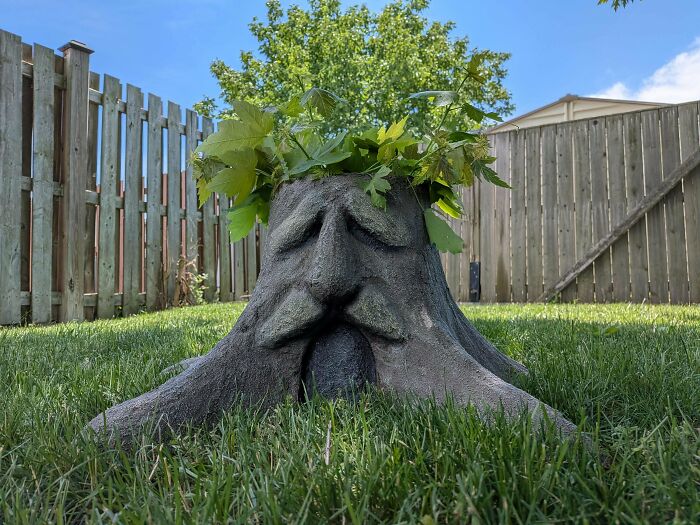 Amazing 3D printing creation: a tree stump planter with a face, holding green leaves, sitting in green grass.