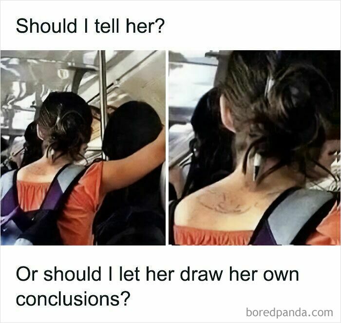A split image of a woman on a bus with a shoe print on her back, highlighting dumb puns.
