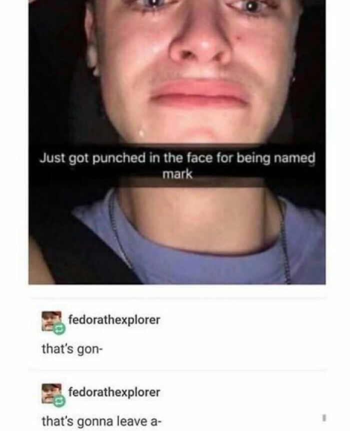 A social media screenshot with a crying person and a dumb pun about a punch leaving a mark.