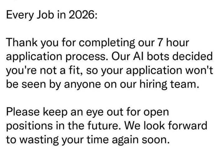 A satirical message showing an AI bot rejecting a job application after a long process, exemplifying recruiting hell.