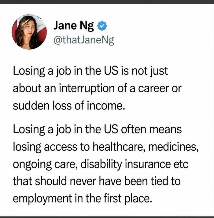 A social media post by Jane Ng discussing the impact of losing a job in the US, highlighting issues from recruiting hell.