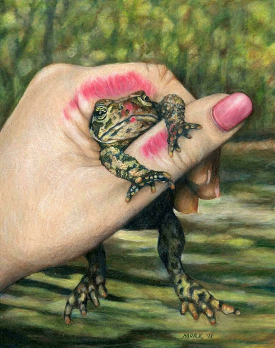 A detailed painting of a hand holding a small frog, a whimsical craft with magical realism shared online.