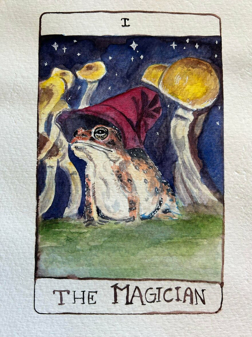 Whimsical crafts: A painting of The Magician tarot card, featuring a frog in a hat surrounded by mushrooms.