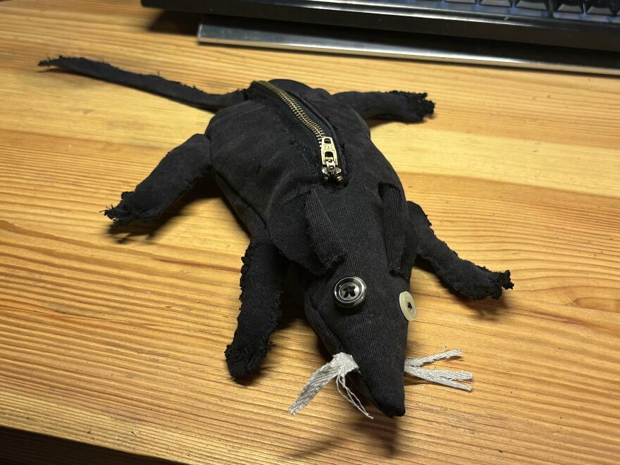 A whimsical craft of a black fabric rat with button eyes and a zipper on its back, a magical online share.