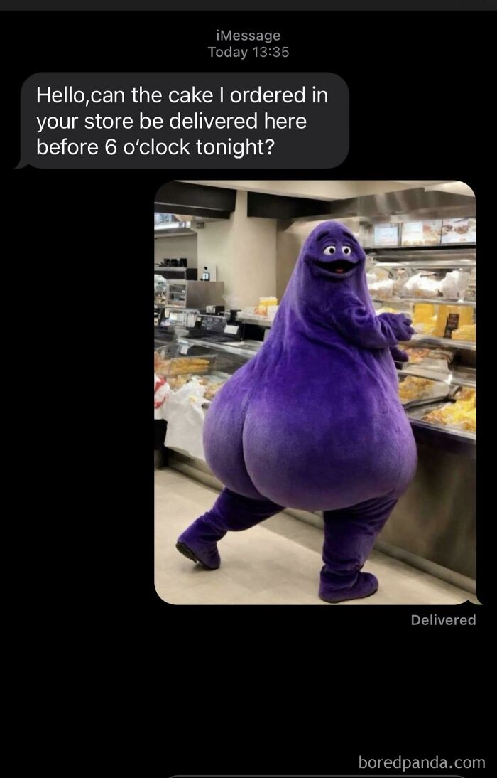 A wrong number text inquiry about cake delivery answered with a comical image of a Grimace mascot.