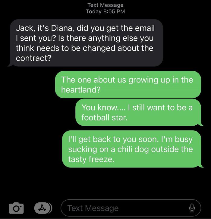 A hilarious wrong number text exchange where a business inquiry receives quirky, unrelated replies.