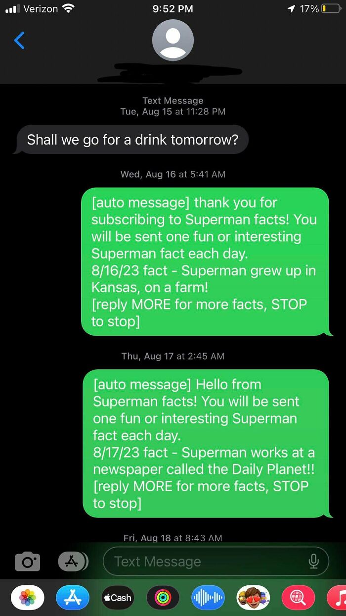 A wrong number text message exchange where someone asks to go for a drink and gets Superman facts.