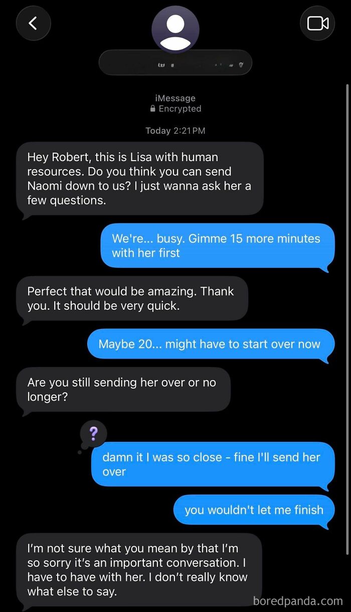 A screenshot of a funny wrong number text conversation between HR and an employee about sending Naomi over.