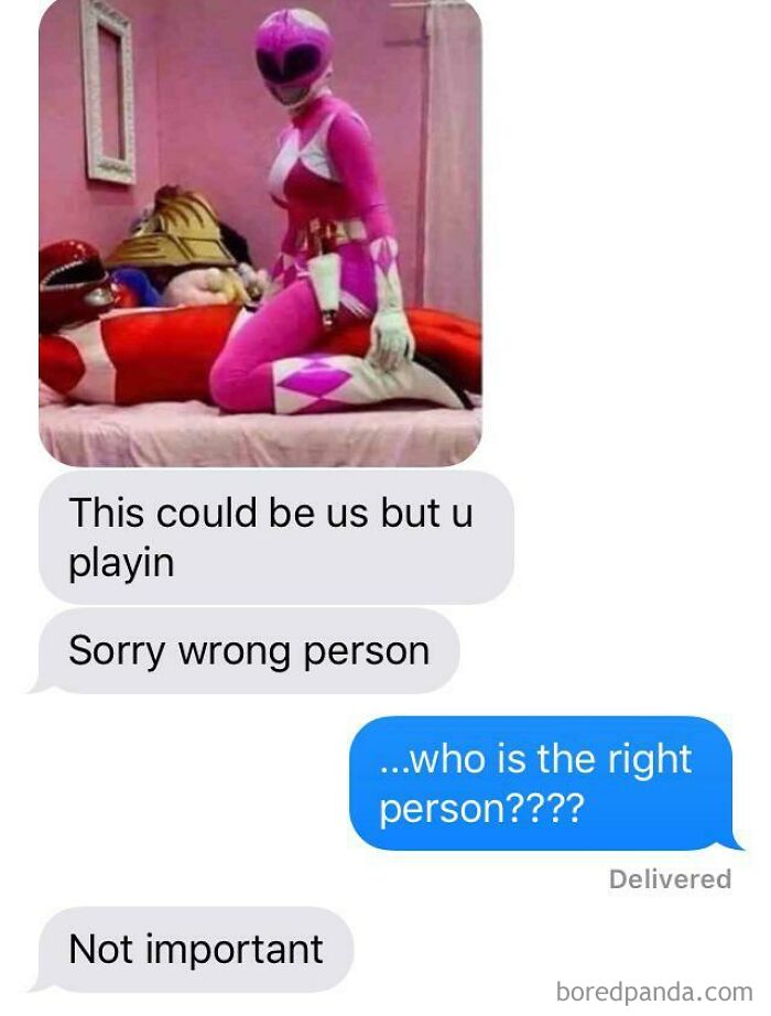 A humorous wrong number text exchange with a Power Ranger image, asking about the right person.
